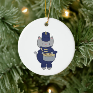Band Drummer Cat Navy Blue Gold Personalize Ceramic Ornament