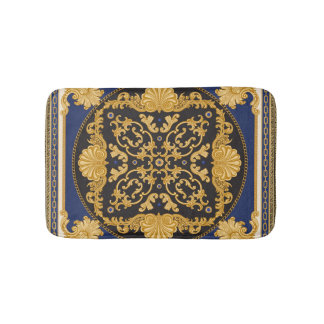 Bandana Print: Black Blue Gold. Bath Mat