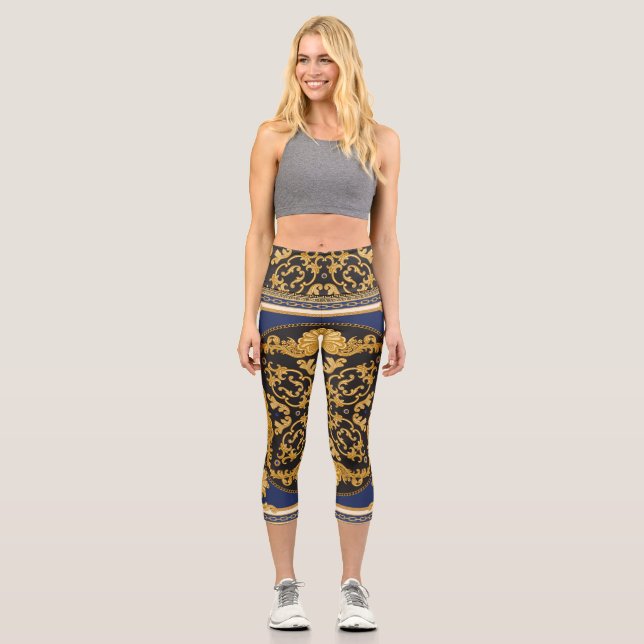 Bandana Print: Black Blue Gold. Capri Leggings (Front)