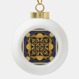 Bandana Print: Black Blue Gold. Ceramic Ball Christmas Ornament
