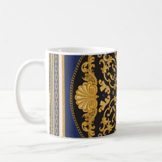 Bandana Print: Black Blue Gold. Coffee Mug