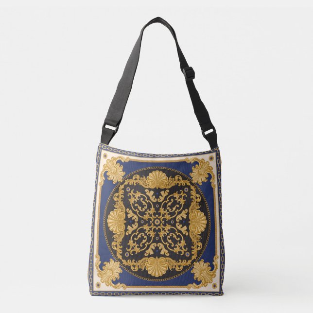Bandana Print: Black Blue Gold. Crossbody Bag (Front)