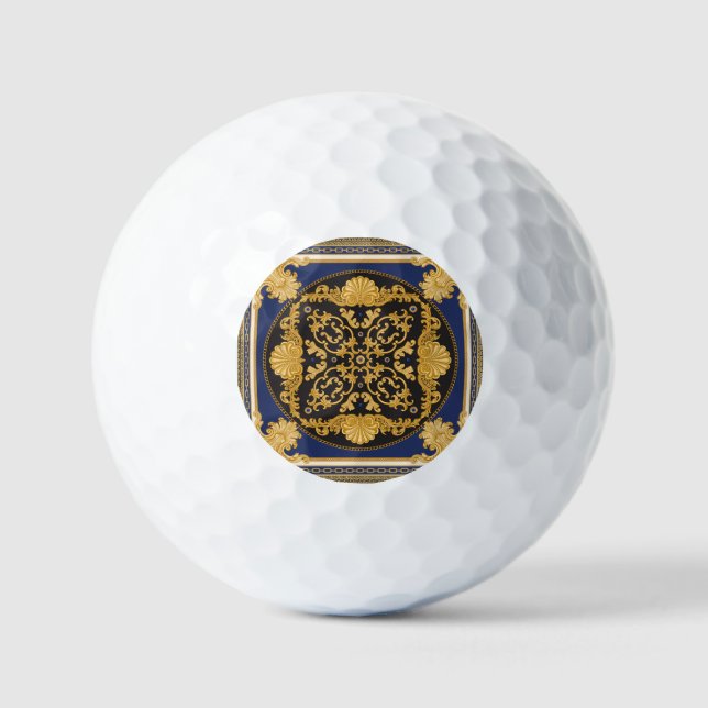 Bandana Print: Black Blue Gold. Golf Balls (Front)