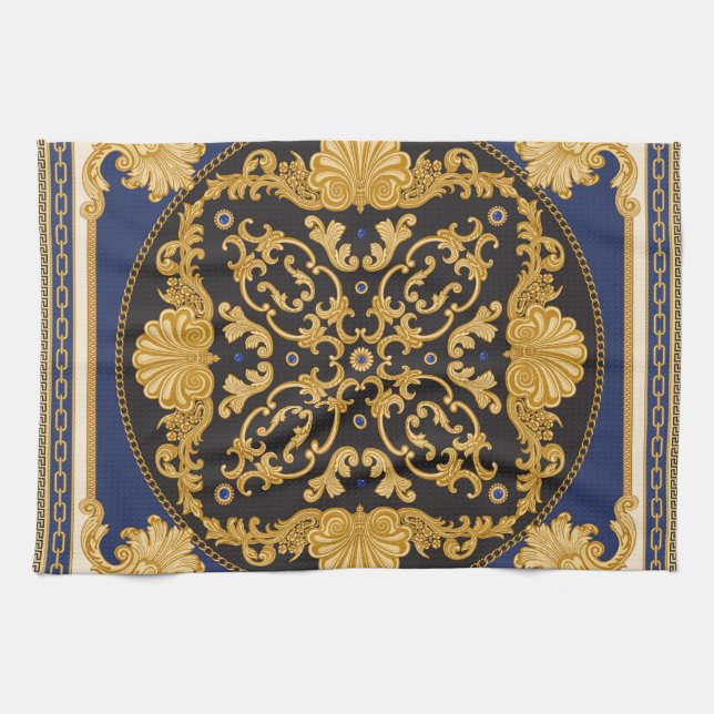 Bandana Print: Black Blue Gold. Kitchen Towel (Horizontal)