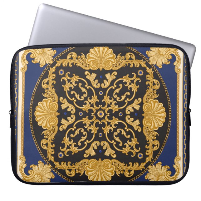 Bandana Print: Black Blue Gold. Laptop Sleeve (Front)