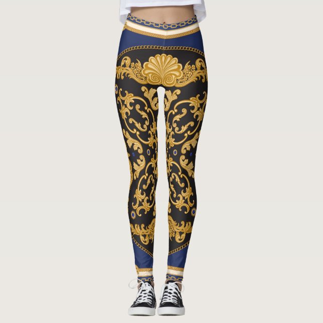 Bandana Print: Black Blue Gold. Leggings (Front)
