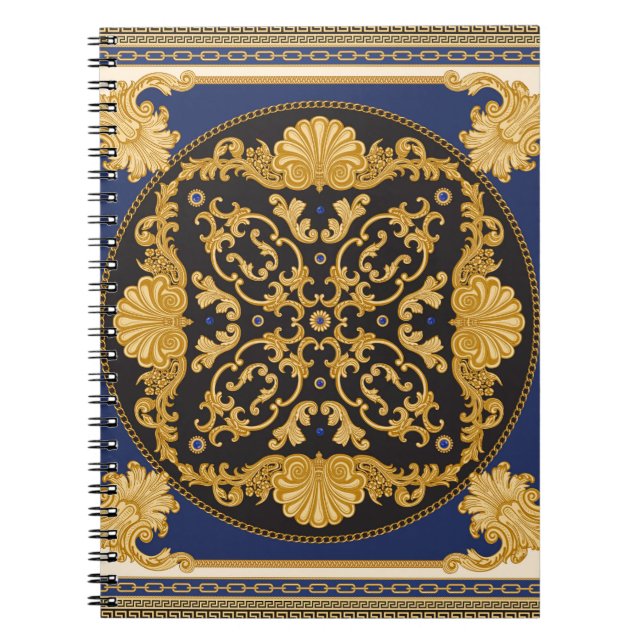 Bandana Print: Black Blue Gold. Notebook (Front)