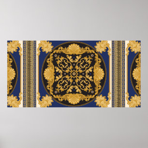 Bandana print on black and blue background, Gold c