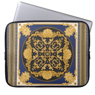 Bandana print on black and blue background, Gold c Laptop Sleeve
