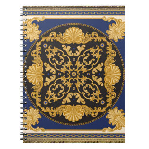 Bandana print on black and blue background, Gold c Notebook