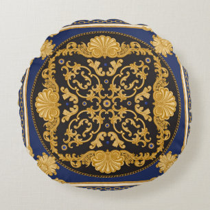 Bandana print on black and blue background, Gold c Round Pillow