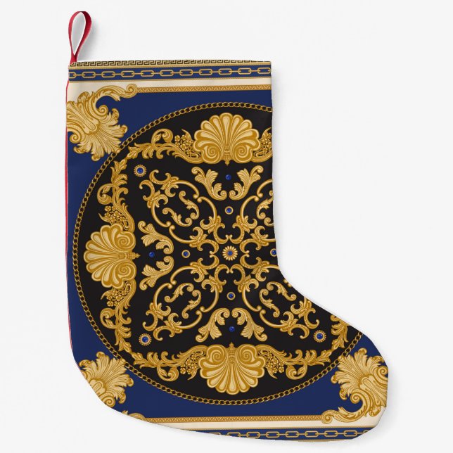 Bandana print on black and blue background, Gold c Small Christmas Stocking (Front)