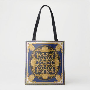 Bandana print on black and blue background, Gold c Tote Bag