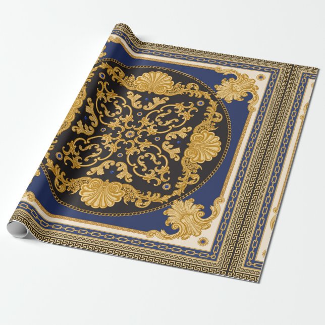 Bandana print on black and blue background, Gold c Wrapping Paper (Unrolled)