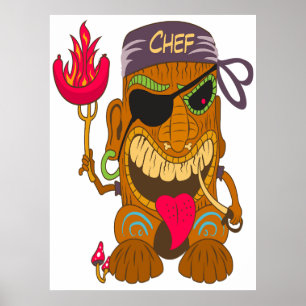 Bandana Tiki Chef with Burning Sausage, Funny Poster