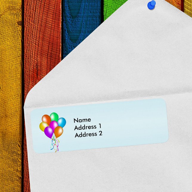 Bande de ballons colorée et brillante (Bright bunch colourful balloons streamers on blue return address labels.)