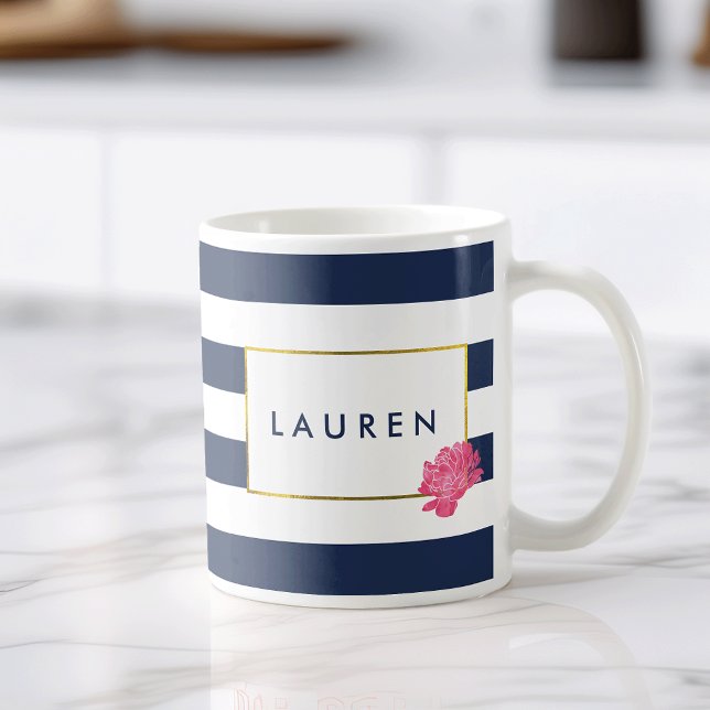 Bande de marine et pivoine rose Mug personnalisé (Créateur téléchargé)