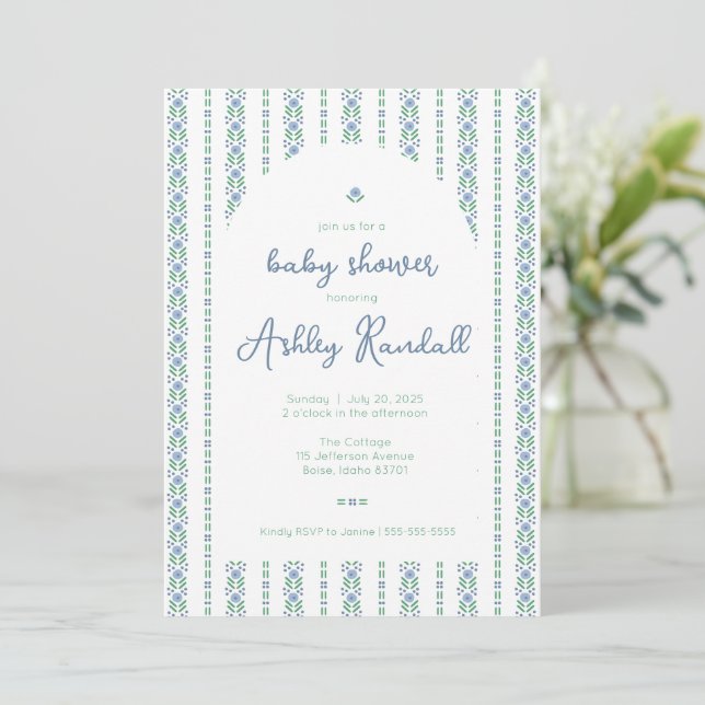 Bande florale folk - Bleu - Invitation Baby shower (Debout devant)