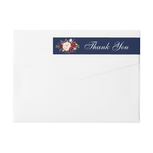 Bande Pour Adresse De Retour Aquarelle Burgundy Bleu Mariage Floral Merci (Dos)