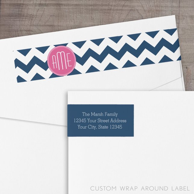 Bande Pour Adresse De Retour Motif Chevron avec Monogram - Navy Magenta (Custom Return Address Label with a Wrap Around Feature)