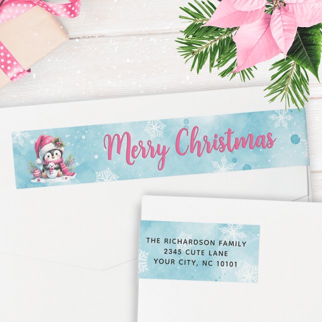 Bande Pour Adresse De Retour Pingouin rose neigeux joyeux Noël Adresse (Créateur téléchargé)