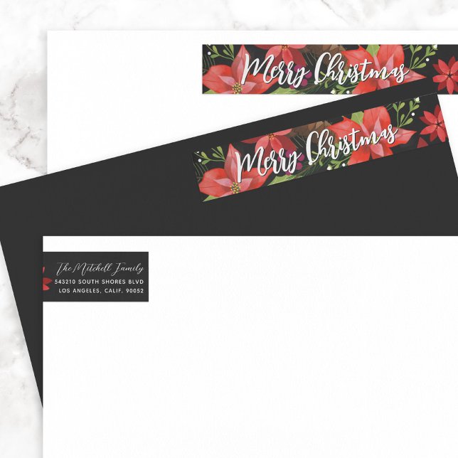 Bande Pour Adresse De Retour Poinsettia Pine Mistletoe Holly Merry Christmas (Créateur téléchargé)