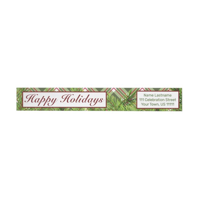 Bande Pour Adresse De Retour Rouge vert Plaid & Pine Branch Joyeuses Fêtes (Individuel)