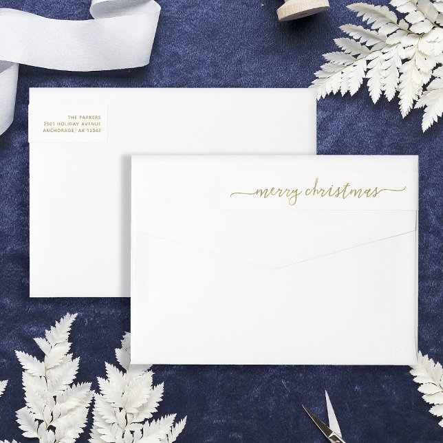 Bande Pour Adresse De Retour Script Or moderne | Joyeux Noël (Stylish and elegant wrap-around return address labels for Christmas)