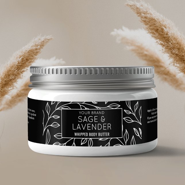 Bande Pour Adresse De Retour Simple minimaliste noir floral 4 OZ Cosmetic Jar (Minimalist black and white greenery design label for skincare jars)