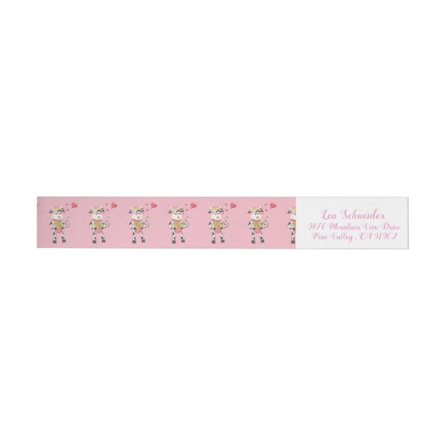 Bande Pour Adresse De Retour Vache mignonne et coeurs Saint Valentin rose (Individuel)