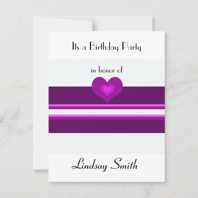 Bande Violette Avec Coeur Invitation Anniversaire (Devant)