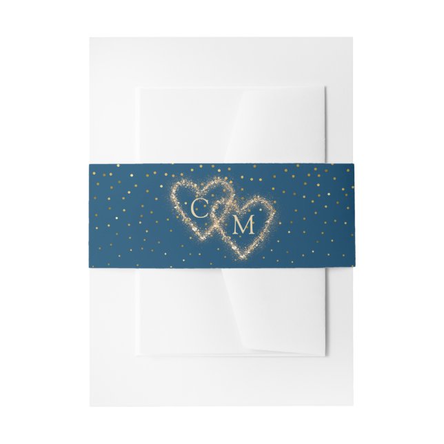 Bandeau De Faire-part Aquarelle bleue Coeurs dorés Monogramme Mariage (Devant example)