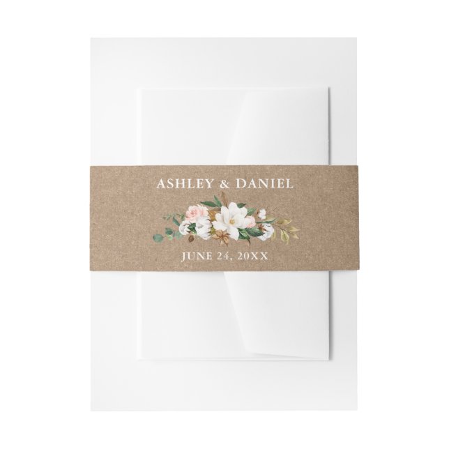 Bandeau De Faire-part Aquarelle Magnolias blancs Roses roses roses Kraft (Devant example)