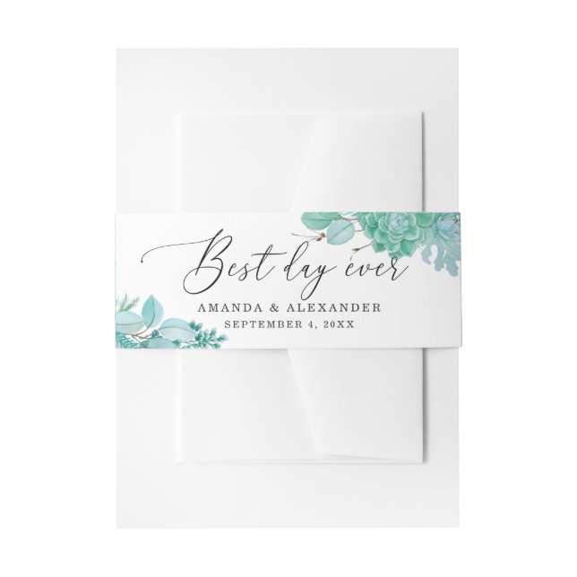 Bandeau De Faire-part Aquarelle menthe à fleurs succulent. Mariage préci (Devant example)
