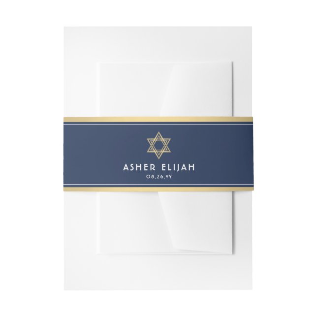 Bandeau De Faire-part Bar Mitzvah Star de David Navy Bleu blanc et or (Devant example)
