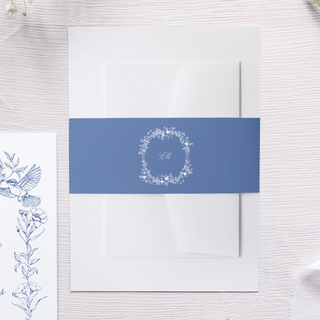Bandeau De Faire-part Bleu Botanique Chinoiserie Crest Monogramme Mariag (blue victorian monogram crest belly band for elegant classic wedding invitation)