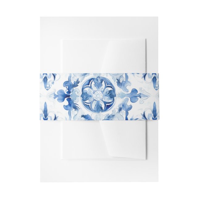Bandeau De Faire-part Bleu et blanc Italien aquarelle carreaux motif (Devant example)