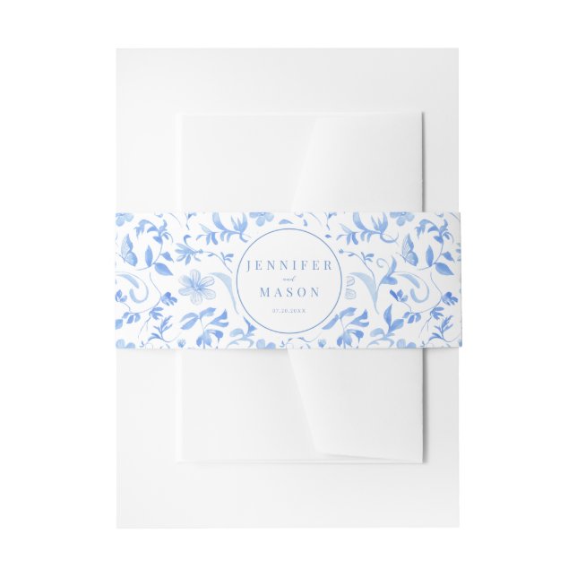 Bandeau De Faire-part Bleu folk aquarelle fleur mariage ceinture bande (Devant example)