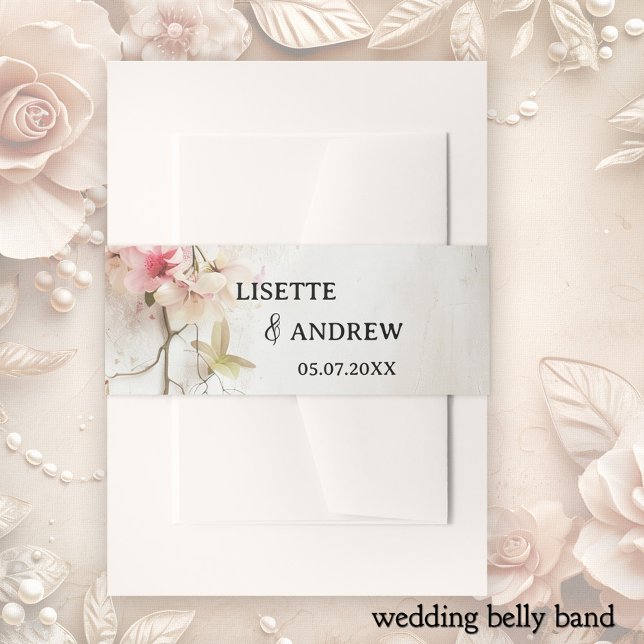 Bandeau De Faire-part Boho Chic rose Mariage floral (Elegant boho chic wedding invitation belly band featuring a painting of romantic pink flowers)