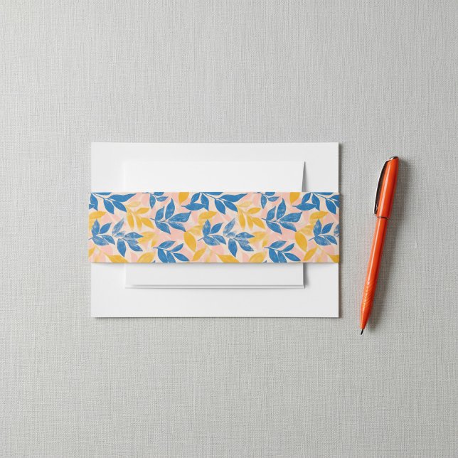 Bandeau De Faire-part Bois botanique vibre Feuille bleue et jaune (Vibrant botanical woodblock Blue and Yellow Leaf Invitation Belly Band.)