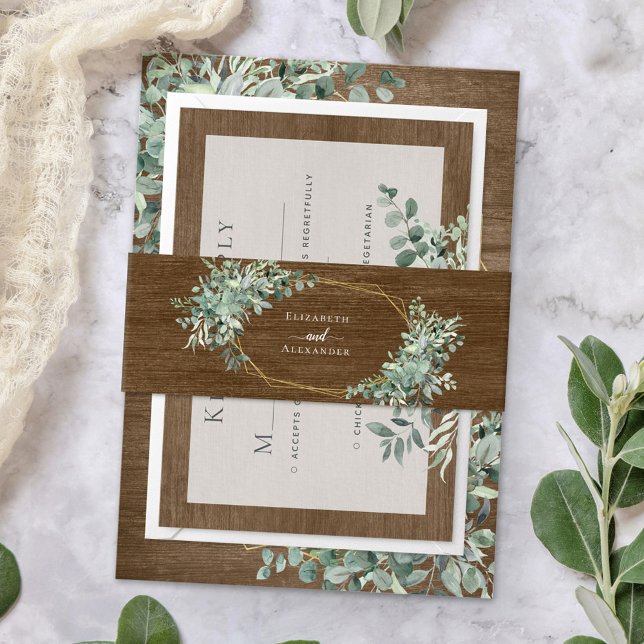 Bandeau De Faire-part Bois rustique vert Mariage d'or Eucalyptus (Créateur téléchargé)