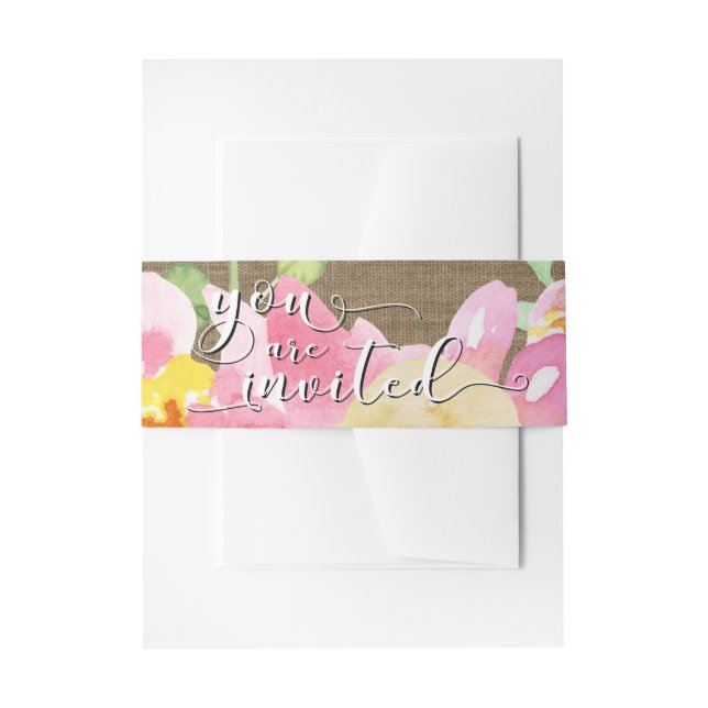 Bandeau De Faire-part Burlap Watercolor Flowers 2 Vous êtes invité Scrip (Devant example)