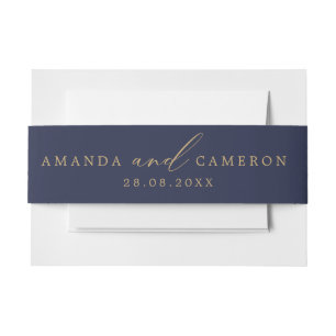 Bandeau De Faire-part Calligraphie d'or romantique Marine Mariage bleu