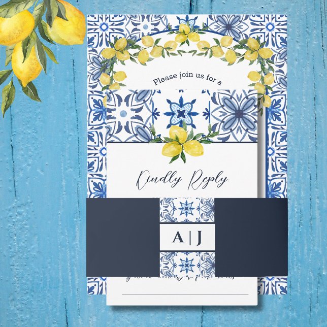 Bandeau De Faire-part Carrelage bleu Monogramme Mariage italien (Créateur téléchargé)
