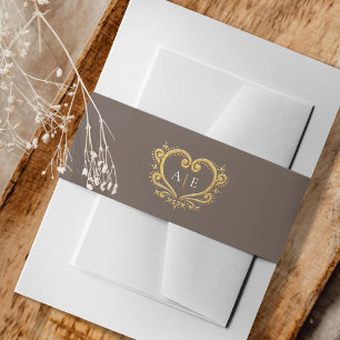 Bandeau De Faire-part Coeur décoratif or monogramme mariage brun