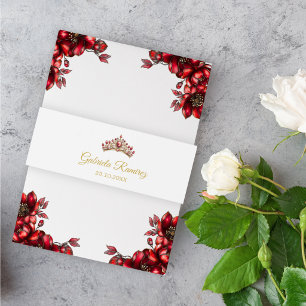 Bandeau De Faire-part Couronne de tiare dorée rouge pour Quinceañera