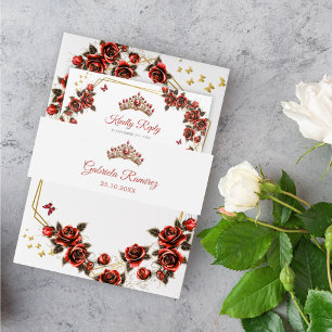 Bandeau De Faire-part Couronne de tiare dorée rouge Quinceañera