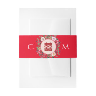 Bandeau De Faire-part Couronne florale rouge initiales de mariage chinoi