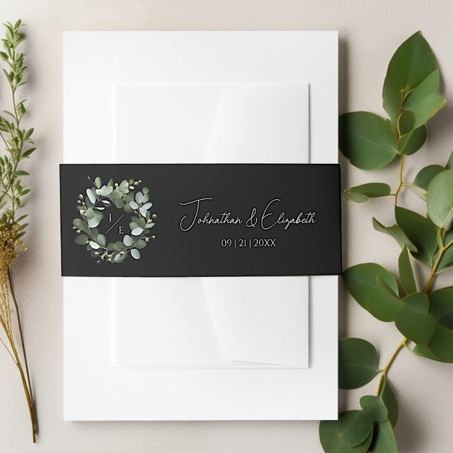 Bandeau De Faire-part Couronne Monogramme Eucalyptus moderne | Black (Black Modern Monogram Eucalyptus Wreath Wedding Invitation Belly Band)