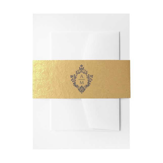 Bandeau De Faire-part Crest Faux Gold Foil Marine Bleu Monogramme Luxe (Devant example)